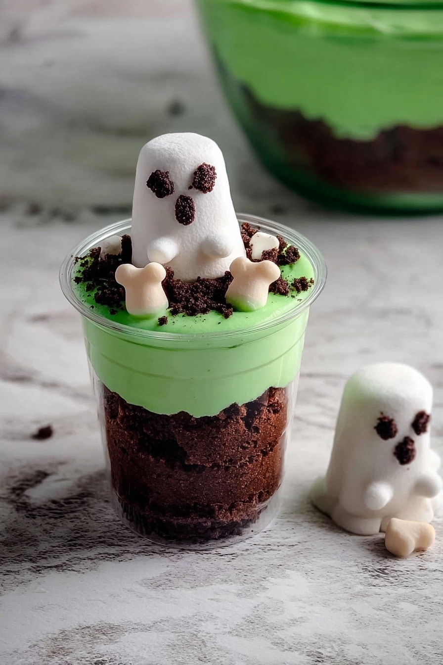 Boo Halloween Dessert Cups, Halloween dessert ideas, spooky Halloween treats, easy Halloween desserts, Halloween party dessert - A clear cup shows three layers: the bottom two layers are dark brown cake pieces, and the top layer is a smooth, bright green frosting. On top of the green frosting sits a small white ghost-shaped marshmallow with black eyes and mouth, surrounded by small dark brown crumbs and tiny beige bone-shaped candies. Another white ghost marshmallow lies on the white marbled surface next to the cup, with a green mixing bowl partially visible behind. Photo taken with an iphone --ar 2:3 --v 7