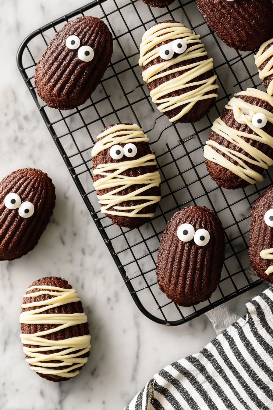 Chocolate Madeleine Mummies, Halloween treats, spooky dessert ideas, chocolate dessert recipes, easy Halloween desserts - The image shows several small, dark brown oval cakes placed on a white marbled surface. Most of the cakes are decorated like mummies with a crisscross pattern of light cream-colored icing draped over them in thin, ribbon-like lines. Each decorated cake has two small, round white candy eyes with black dots in the center, placed near the top. One plain cake without decoration is visible, showing a ridged texture on top. There is a cooling rack partially in the top left corner with a few cakes on it, and a small sprinkle of cocoa powder is scattered near the cakes. Photo taken with an iphone --ar 2:3 --v 7
