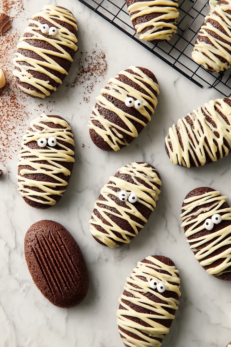 Chocolate Madeleine Mummies, Halloween treats, spooky dessert ideas, chocolate dessert recipes, easy Halloween desserts - The image shows several small, dark brown madeleine cakes shaped like shells arranged on a black wire cooling rack and a white marbled surface. Some of the madeleines are decorated to look like mummies, with white icing drizzled in crisscross lines over the top layer, creating a bandage effect. Each mummy madeleine also has two small, round white candy eyes placed near the top center. The plain madeleines are smooth with ridges on the surface and are a rich chocolate color. A striped black and white cloth is partially visible in the bottom right corner. photo taken with an iphone --ar 2:3 --v 7