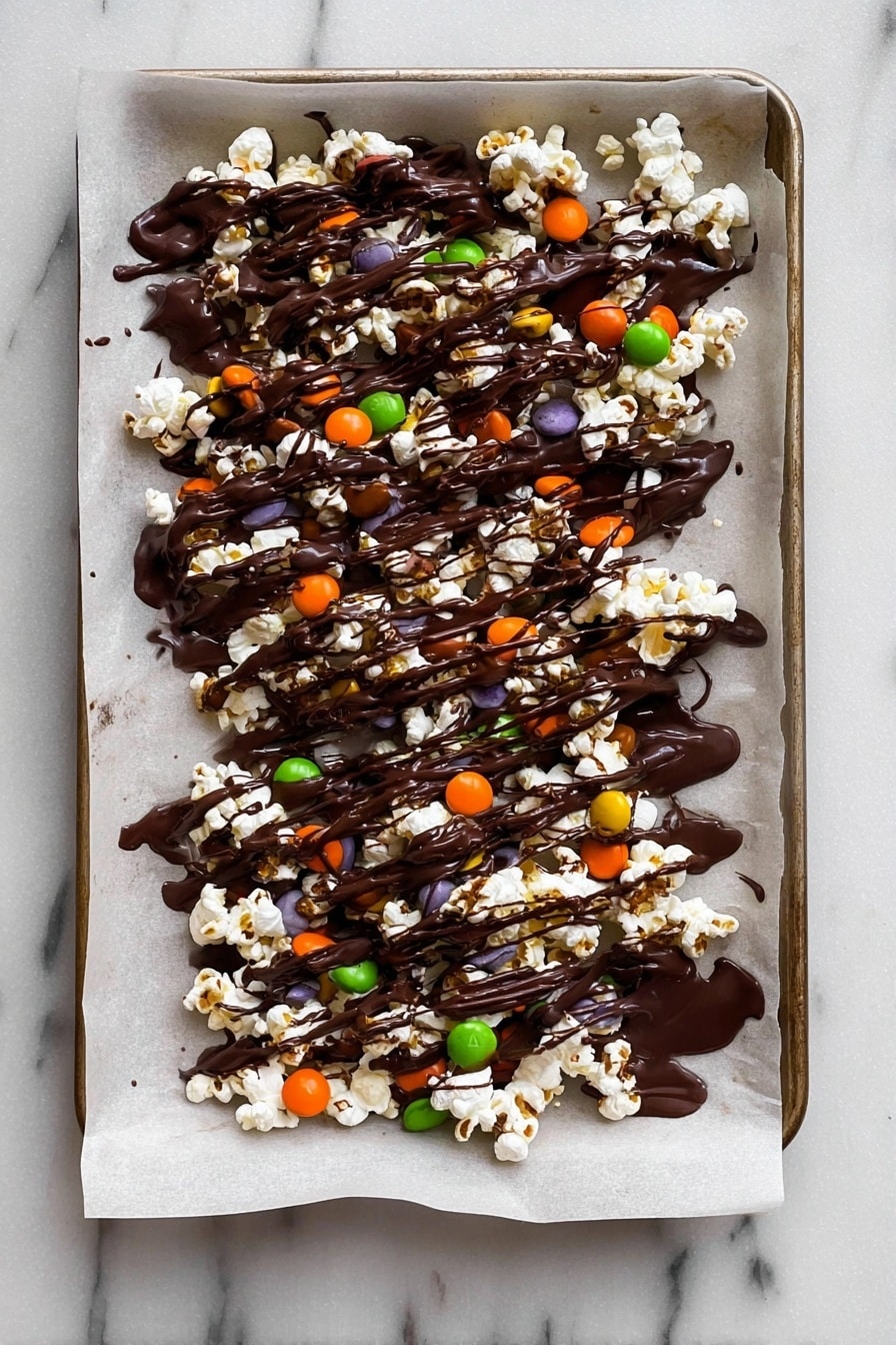 Halloween Popcorn with Chocolate, Candy Corn, M&Ms, and Marshmallows, festive Halloween popcorn snack, easy Halloween party treats, sweet and salty Halloween snacks, homemade Halloween popcorn - The image shows a baking tray lined with white parchment paper on a white marbled surface, holding a mix of popcorn and colorful candy pieces scattered unevenly. The top layer is thickly covered with melted dark chocolate, with additional thin dark chocolate drizzles spread randomly over everything. The popcorn is white and fluffy, and the candies are round in bright orange, green, and purple colors, partially covered by the chocolate. The overall presentation looks messy but delicious, with shiny melted chocolate contrasts and vibrant candy colors. Photo taken with an iphone --ar 2:3 --v 7