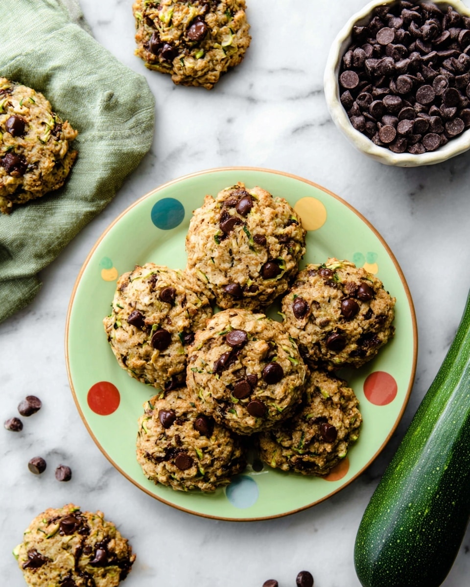 A light green plate with colorful polka dots holds seven round oatmeal cookies with dark chocolate chips and small green zucchini shreds mixed in; the cookies look soft with a rough textured surface. Around the plate are three more cookies, some resting on a light green cloth, and a dark green zucchini sits to the right. In the upper right, there is a small white bowl filled with dark chocolate chips. All items sit on a white marbled surface photo taken with an iphone --ar 4:5 --v 7