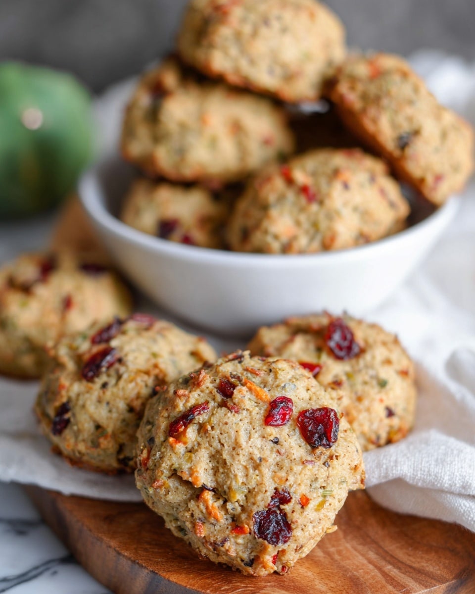 The image shows several round cookies with a rough texture, placed on a wooden board with some white cloth underneath. The cookies have a light brown color with visible small orange bits, dark brown pieces, and red dried fruit scattered all over the surface. Some cookies are stacked inside a white bowl on the left side, while others lean against the bowl on the board. In the blurred background, a green object adds contrast. The whole scene is set on a white marbled surface. Photo taken with an iphone --ar 4:5 --v 7