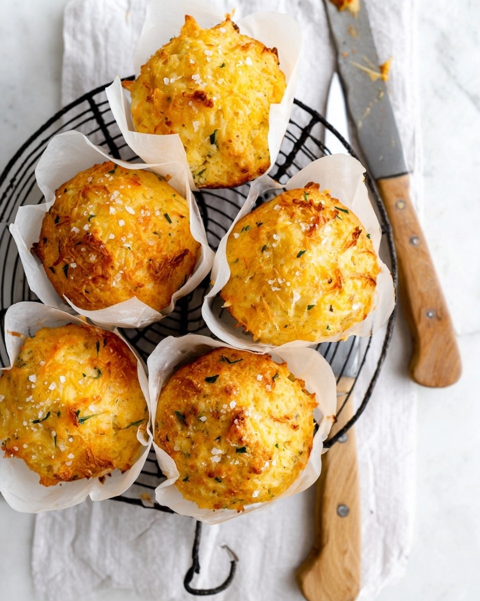 The image shows five golden-brown muffins with a slightly rough texture, placed on parchment paper and a round cooling rack. One muffin is split open in the center, revealing a soft, moist inside with visible small green bits, likely herbs or vegetables, and some yellow pieces, suggesting cheese or corn. The muffins have a light crust with browned spots on top. To the right, there is a knife with a wooden handle lying on a white marbled surface next to a small metal cup filled with coarse salt. Photo taken with an iphone --ar 4:5 --v 7