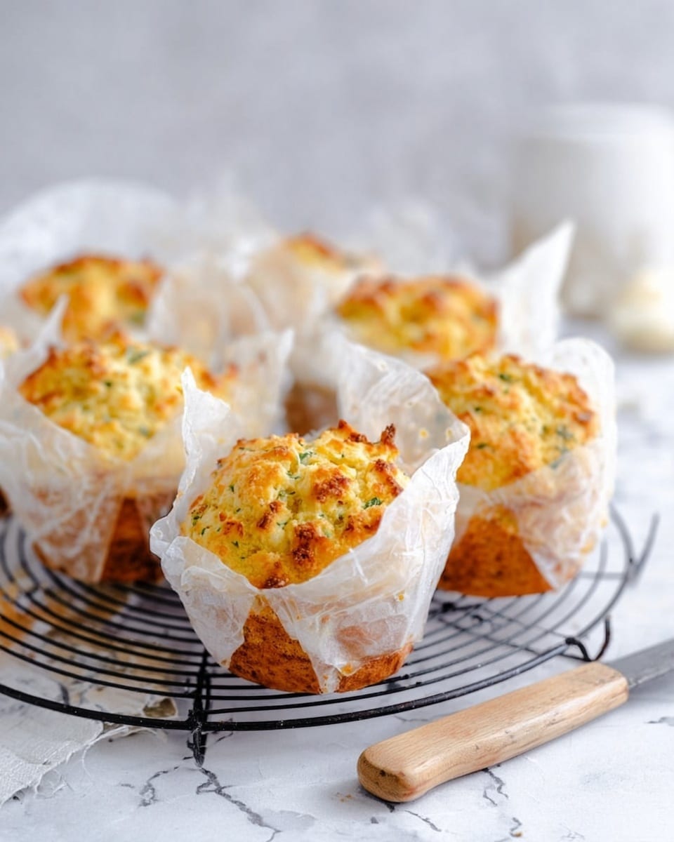The image shows seven golden yellow muffins with small green herb bits baked inside, each wrapped in white parchment paper that is slightly crumpled and translucent. They sit on a black round wire cooling rack placed over a white marbled surface. The muffins have a slightly rough, textured top with some darker brown spots showing they are well baked. In the background, there is a blurred white container. In the front right corner, there is a wooden-handled utensil resting on the white marbled surface. The overall look is bright and fresh with a soft natural light. photo taken with an iphone --ar 4:5 --v 7