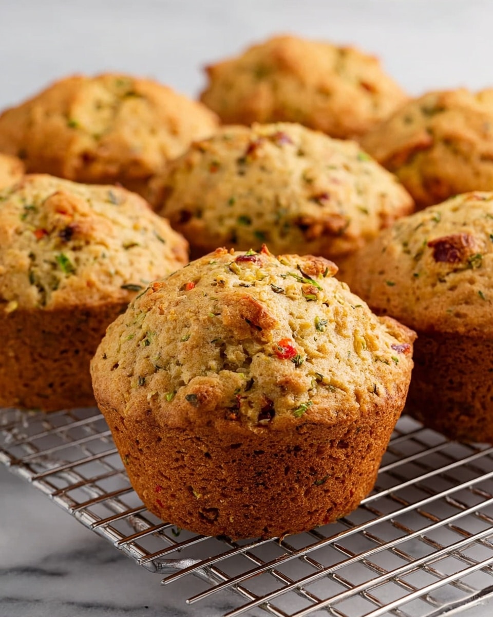 The image shows a group of golden-brown muffins with a slightly rough and textured surface, speckled with green herbs and small orange and red pieces inside. The muffins have rounded tops that are nicely risen and slightly cracked, giving them a homemade look. They sit on a silver wire cooling rack, which is placed over a white marbled surface. The lighting is soft, highlighting the warm tones and natural texture of the muffins. photo taken with an iphone --ar 4:5 --v 7