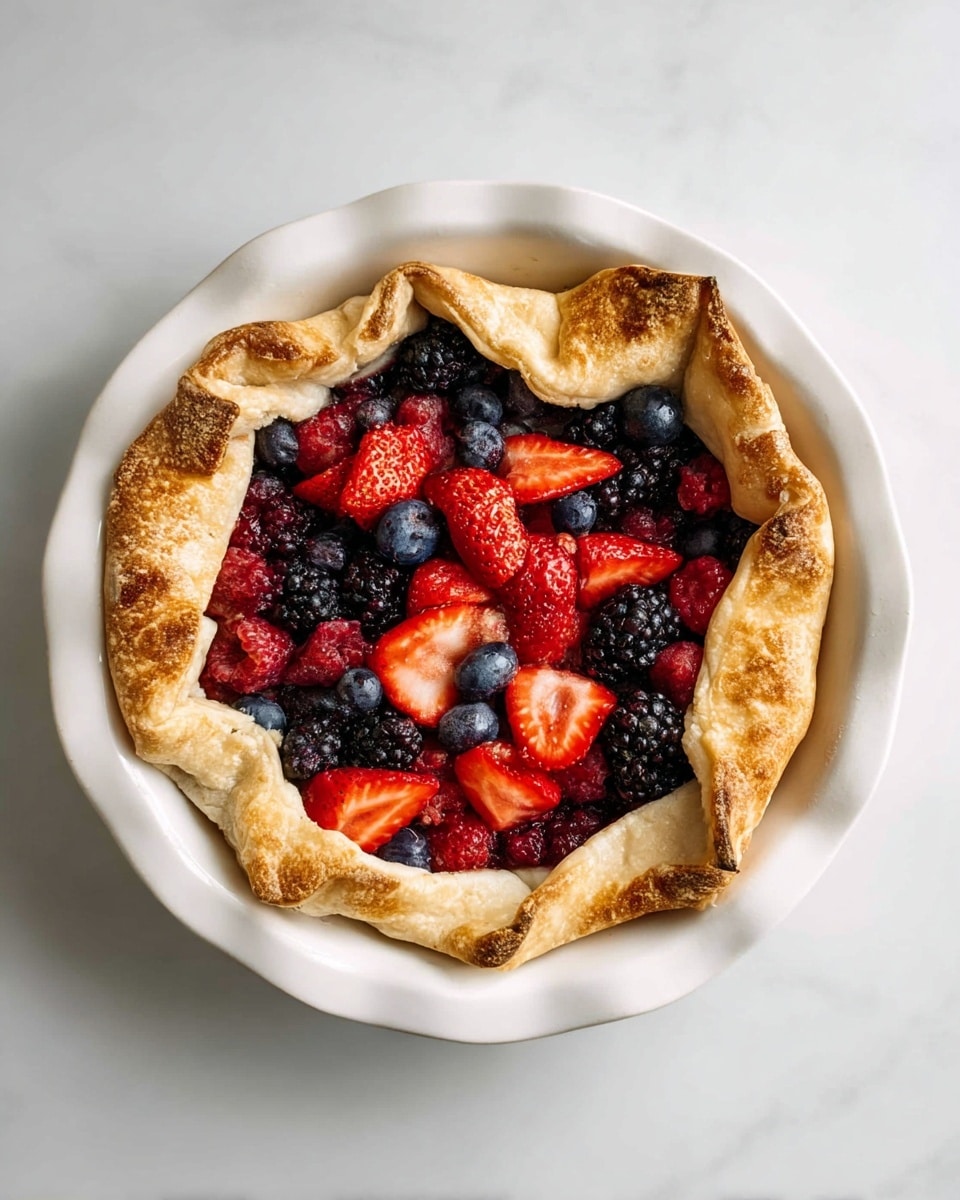A white pie dish holds a rustic tart with a golden brown crust folded over the edges, covering part of the filling. Inside, there is a colorful mix of fresh berries layered in the center, including red strawberries sliced in halves, dark blackberries, and small blue blueberries, creating a rich contrast with the crust. The tart sits on a white marbled surface, highlighting the warm tones of the crust and the vibrant colors of the fruit. photo taken with an iphone --ar 4:5 --v 7