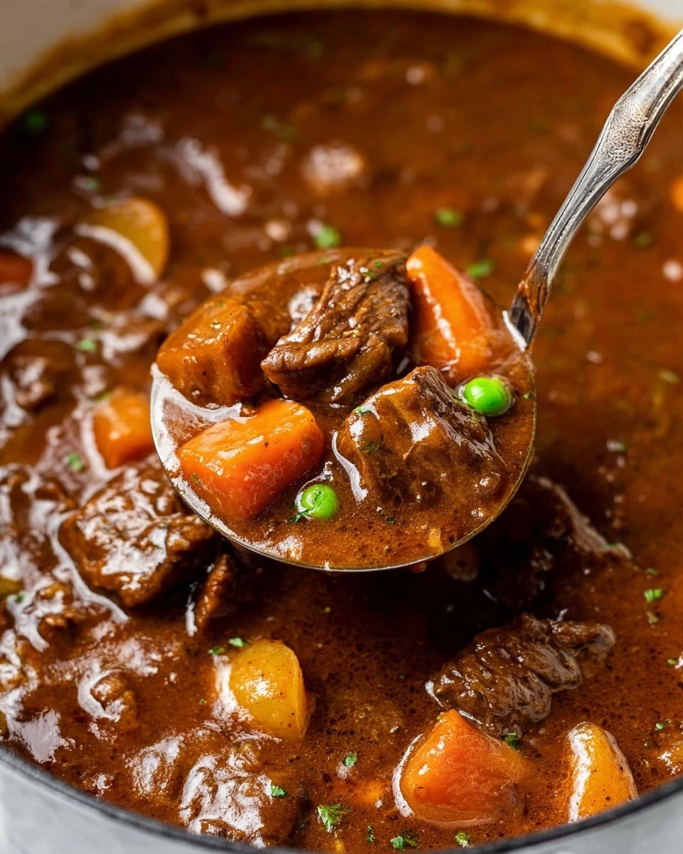 This is a close-up view of a beef stew served in a white bowl, placed on a white marbled surface. The stew has three main layers: the thick brown gravy base with a shiny, smooth texture; chunks of cooked beef with a dark brown color and slightly rough texture, scattered evenly throughout; and mixed vegetables, including bright orange carrot pieces, small yellow potato chunks, and a few green peas, all partially submerged in the gravy. A silver spoon is resting inside the bowl on the top right side of the stew. Photo taken with an iphone --ar 4:5 --v 7