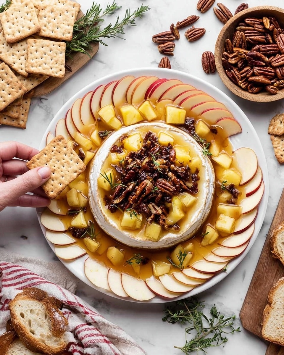 A white round plate sits on a white marbled surface, filled with a layered cheese dish in the center. The bottom layer is a white wheel of soft cheese, topped with chunks of yellow apple and dark brown pecans, all sitting in a pool of golden-brown honey. Around the cheese, there are alternating slices of red apple and square beige crackers neatly arranged in a circle. On the left side of the image, a woman's hand is holding one of the square beige crackers close to the cheese. Around the plate, there are additional beige crackers stacked and a small wooden bowl filled with pecans, as well as slices of white bread on a wooden board. Some sprigs of green rosemary and thyme add color near the edges. photo taken with an iphone --ar 4:5 --v 7