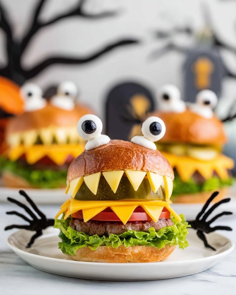 Monster Face Burgers with Olives, Mozzarella, and Tomato Recipe - Recipe Image