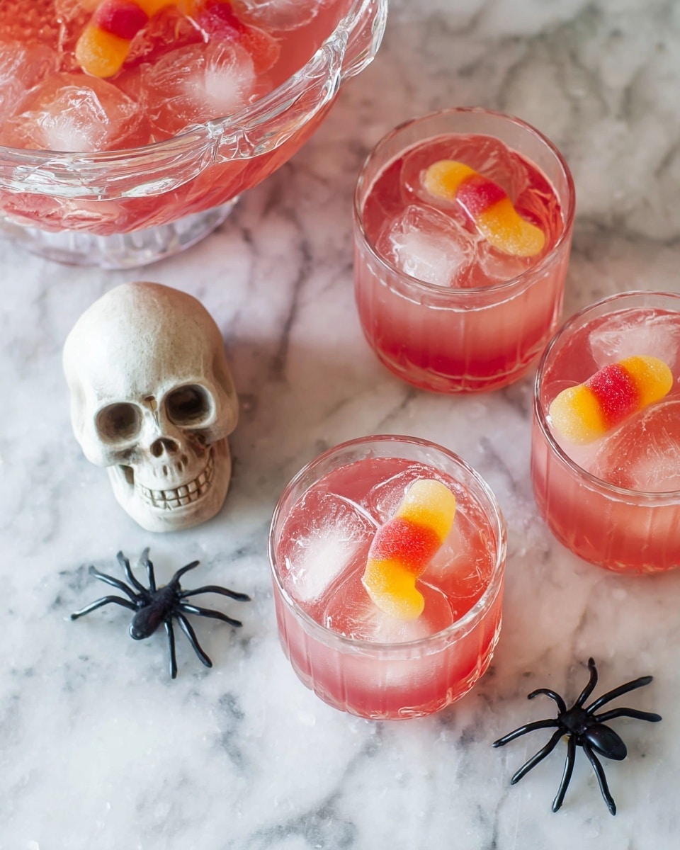 The image shows three clear glasses filled with a pink fizzy drink and ice cubes. Each glass is topped with a colorful gummy worm, one red and yellow, another orange and yellow, and the last one red and yellow. To the upper left, there is a clear punch bowl with the same pink drink and ice. The drinks are on a white marbled surface. Near the glasses, there is a pale skull decoration and two small black plastic spiders. Another gummy worm lies on the surface near the bottom center. photo taken with an iphone --ar 4:5 --v 7
