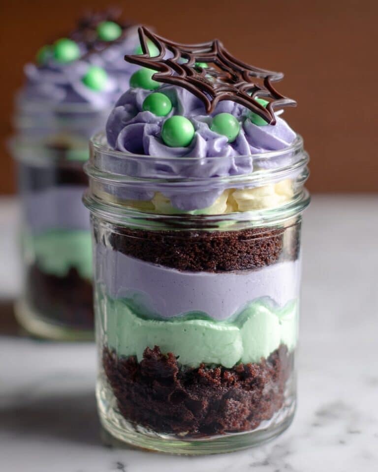 Mason Jar Spider Web Cakes with Purple and Green Frosting Recipe