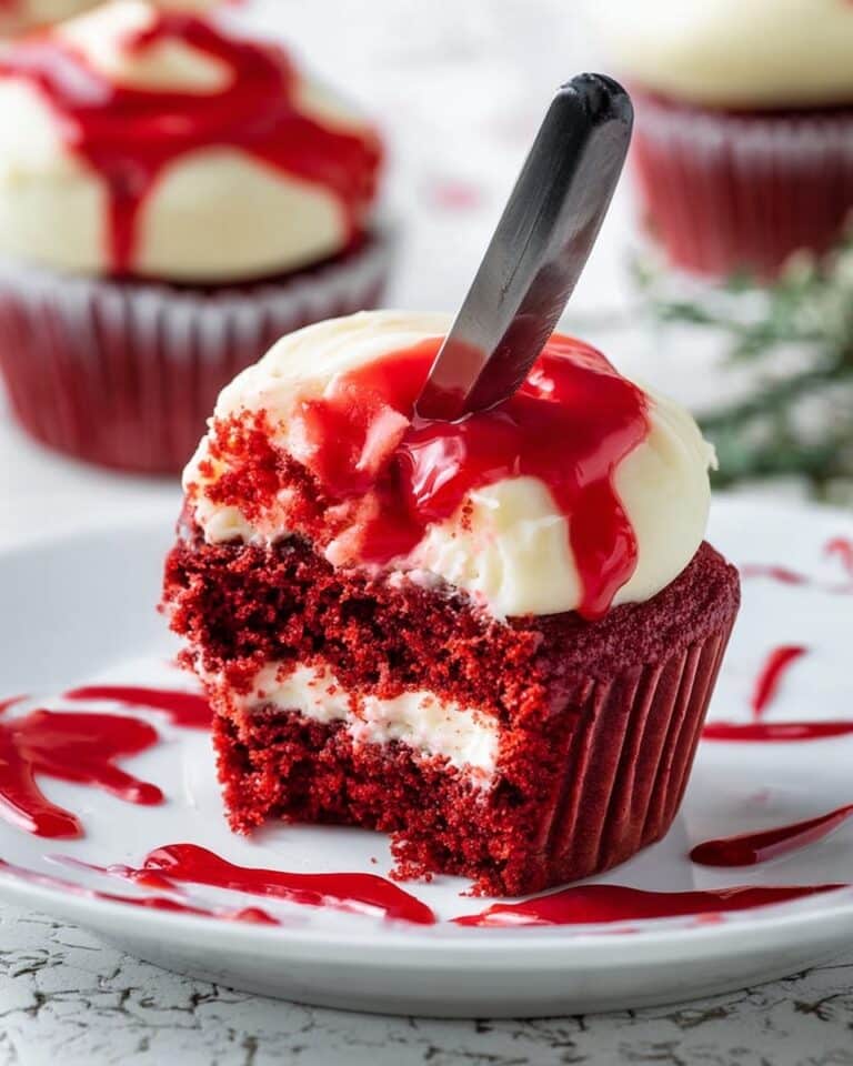 Halloween Red Velvet Cupcakes with Cream Cheese Frosting and Bloody Drizzle Recipe