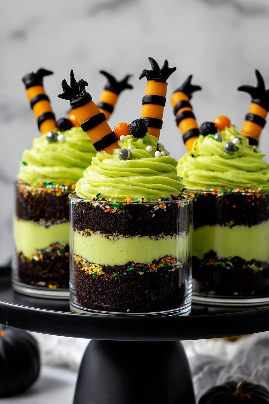 Witches Brew Halloween Cake Jars, Halloween dessert ideas, spooky Halloween treats, Halloween cake jars, festive Halloween desserts - The image shows three clear small cups with a layered dessert on a black cake stand over a white marbled texture. Each cup has four layers: the bottom layer is dark brown and crumbly, followed by a thin bright green creamy layer with small colorful sprinkles, then another thick dark brown crumbly layer, and topped with a thick swirled bright green cream. On top of each cup, two black and orange striped witch leg decorations stick out, pointing upward. The dessert is decorated with small decorative balls and sprinkles on the green cream. Photo taken with an iphone --ar 2:3 --v 7