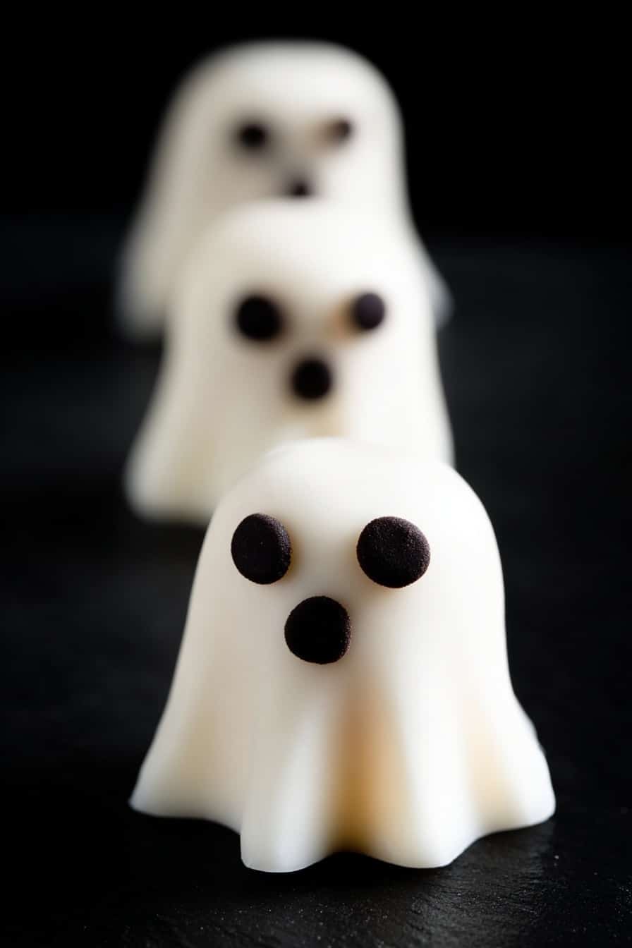 Marshmallow Ghosts Halloween Treats Easy Halloween Treats Ghost Halloween Snacks Halloween Party Ideas - The image shows a row of three small ghost-shaped treats made from smooth white icing or fondant, each with two round black eyes and a round black nose-like decoration. The treats have a sheet-like shape that flows slightly at the bottom corners to mimic a ghost. The focus is on the closest ghost, with the other two blurred in the background, all placed on a black surface that contrasts with their white color. photo taken with an iphone --ar 2:3 --v 7