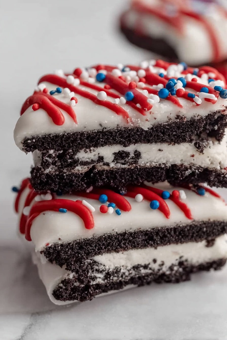 White Chocolate Dipped 4th of July Oreos, patriotic Oreo dessert, 4th of July party treats, red, white & blue Oreo candies, festive summer treats - The image shows a close-up of two sandwich cookie halves stacked on top of a whole cookie. Each cookie has two dark chocolate layers with a light cream layer in the middle. The cookies are covered in smooth white coating with red icing dripping down the sides and small red, white, and blue sprinkles scattered on top and around the cookies. The cookies rest on a white marbled surface with a soft-focus background showing more decorated cookies. Photo taken with an iphone --ar 2:3 --v 7
