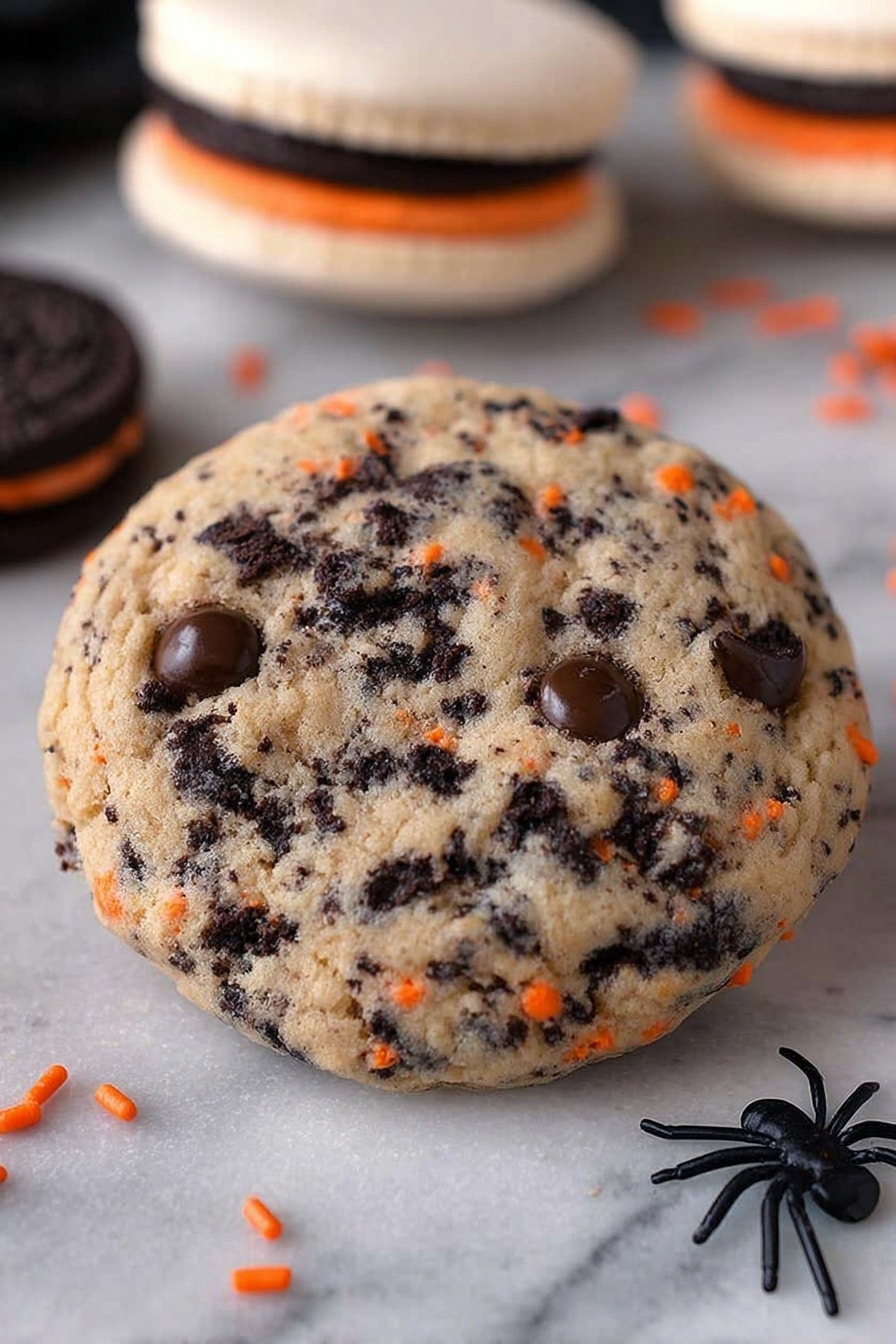 Halloween Oreo Stuffed Chocolate Chip Cookies, festive Halloween cookies, Oreo stuffed cookies, chocolate chip cookies with Oreos, spooky Halloween treats - A close-up image shows a dessert with three black and orange sandwich cookies stacked vertically on a brown surface. On top of this stack sits a half-sphere of cookie dough with black and orange cookie pieces embedded inside. The dough is light beige with visible chocolate chips mixed in. Small black and orange round sprinkles are scattered nearby. The background is blurred but shows more similar cookie dough balls. photo taken with an iphone --ar 2:3 --v 7