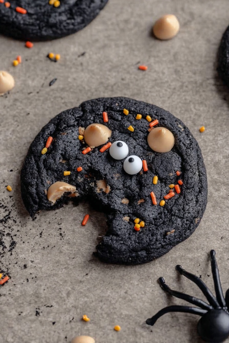 Halloween Black Monster Cookies, black cocoa cookies, spooky Halloween cookies, Halloween dessert ideas, monster-sized Halloween cookies - A dark black cookie with a bite taken from its side lies on a beige textured surface. The cookie has several light tan chips scattered across its top along with small orange and yellow sprinkles. Two white candy eyes with black pupils are placed near the center, giving the cookie a playful face-like look. A plastic black spider sits to the right of the cookie, adding a spooky touch. photo taken with an iphone --ar 2:3 --v 7