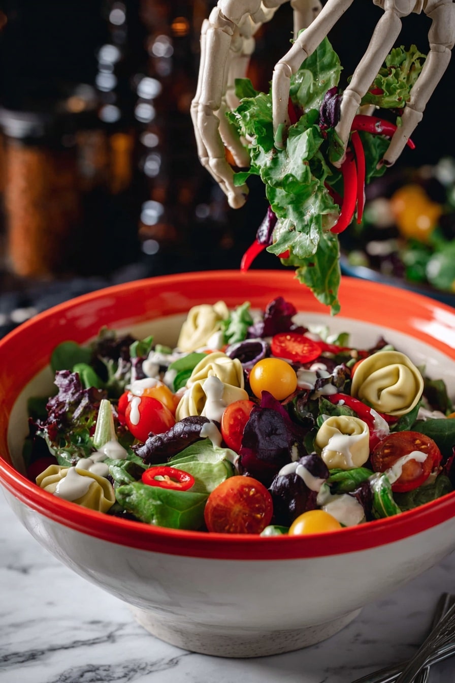 Spooky Halloween Salad with Colorful Tortellini, Cheese Skulls, and Red Wine Vinaigrette, Halloween themed salads, Festive Halloween side dishes, Colorful tortellini recipes, Halloween party salads, Spooky food ideas for Halloween - A round bowl with an orange rim dotted with white spots holds a colorful salad on a white marbled surface. The base is made of mixed leafy greens with a dark green and purple shade. On top, there are bright orange, purple, and green tortellini pasta scattered evenly. Small orange grape tomatoes and ring slices of orange and red mini bell peppers add more color. Thin red strips, resembling dried pepperoni, are spread through the salad. Black olive slices punctuate the dish, and tiny white dollops shaped like skulls are placed across the entire salad, adding a spooky touch. In the background, a glass jar of dressing and parts of additional bowls with similar salad are visible, along with a skeleton prop near the bottom edge. Photo taken with an iphone --ar 2:3 --v 7