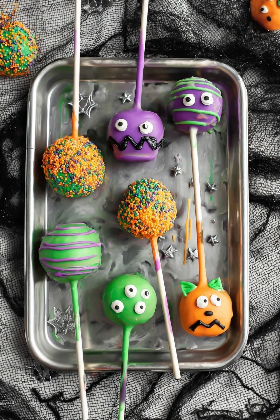 Halloween Cake Pops, Halloween Party Treats, Festive Cake Pop Ideas, Easy Halloween Desserts, Spooky Cake Pops - The image shows a close-up of colorful Halloween-themed cake pops on white sticks, arranged on a metal baking tray placed on a white marbled surface. The cake pops have three main designs: one is bright orange with two white candy eyes and a zigzag black mouth and two small green horns on top, resembling a monster; another is orange covered with small round sprinkles in purple, green, and orange; the third is green with small black candy eyes, looking like a monster face with a rough texture. There are additional purple and green-striped cake pops with pastel-colored drizzle. Nearby on the white marbled surface, a few other cake pops in orange and purple with green and white sticks lie scattered. Small silver star sprinkles are spread on the tray. Photo taken with an iphone --ar 2:3 --v 7