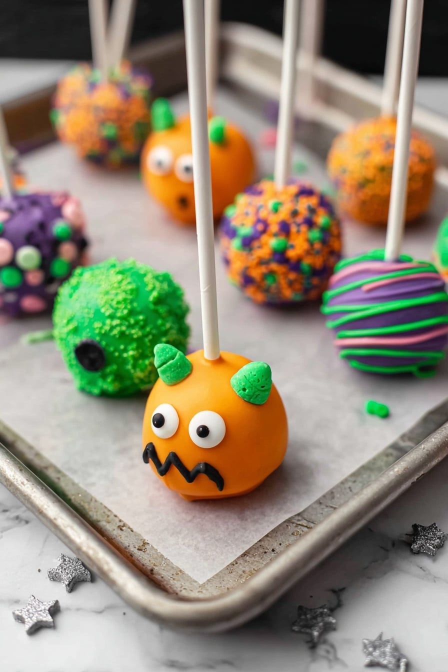 Halloween Cake Pops, Halloween Party Treats, Festive Cake Pop Ideas, Easy Halloween Desserts, Spooky Cake Pops - A metal tray holds six Halloween-themed cake pops, each on a colorful stick. From top to bottom, the first cake pop is green with orange and purple sprinkles, on a purple stick. The second is purple with black zigzag icing and candy eyes and little orange and green sprinkles as hair, on a green stick. The third is orange with purple and green sprinkles, on a white stick. The fourth is plain green with three white candy eyes and a black mouth, on a purple stick. The fifth is green with thin purple, yellow, and pink icing stripes, on a purple stick. The sixth is orange with two white candy eyes, black mouth, and green candy horns, on a white stick. The metal tray is on a black spider web cloth that covers a white marbled surface. Small silver star sprinkles are scattered on the tray photo taken with an iphone --ar 2:3 --v 7
