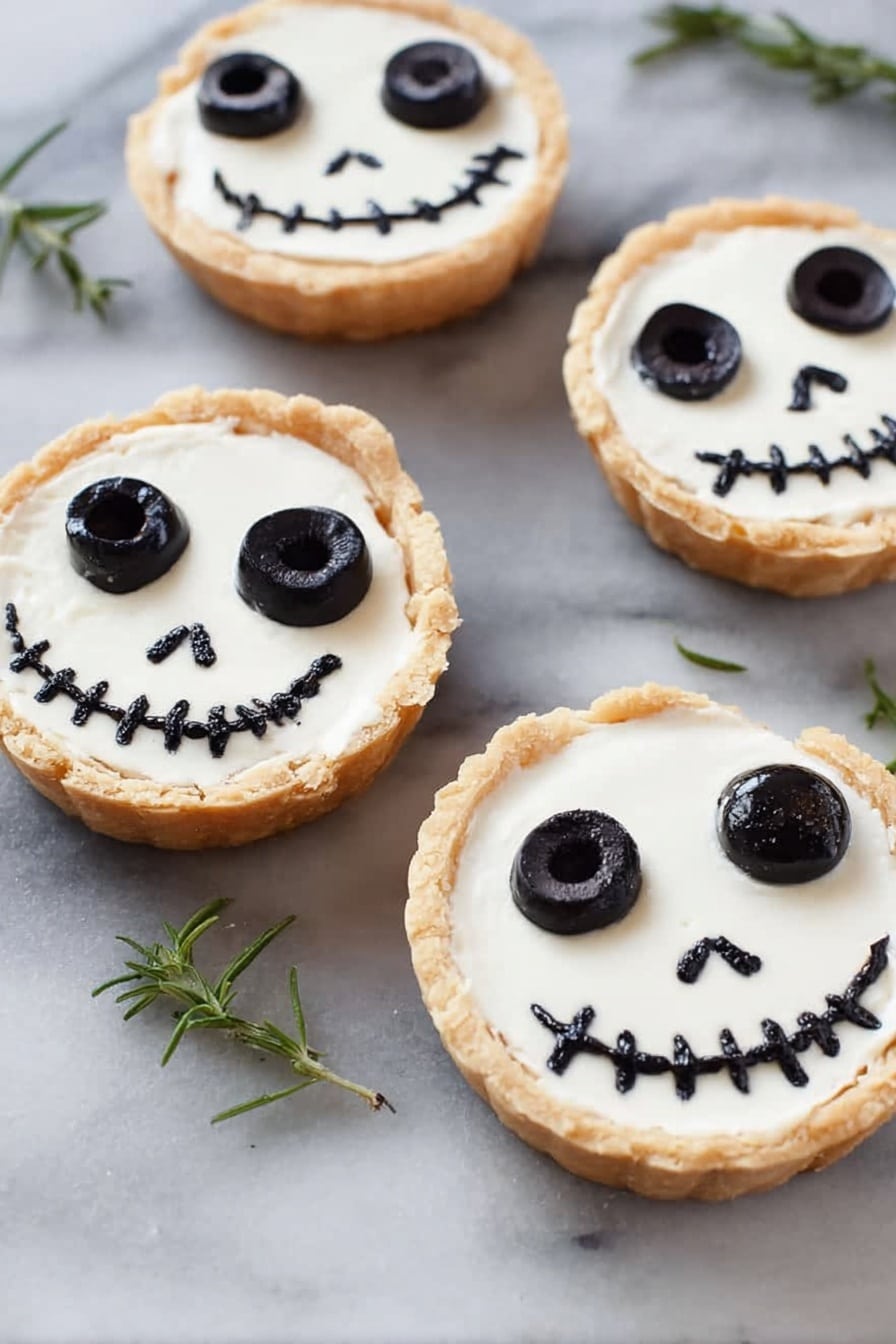 Halloween Jack Skellington Ricotta Olive Tarts, spooky savory Halloween treats, Jack Skellington Halloween appetizer, festive olive tart recipe, easy Halloween party bites - A small round tart with a golden crust holds a smooth, white cream layer that forms the base. On top, there are two large black olives placed as eyes near the upper part of the tart. Below them, two small black olive pieces form the nose, and a curved line of small black olive slices creates a stitched smile across the lower half. The tart sits directly on a white marbled surface, with sprigs of green herbs scattered around and a wooden bowl with black olives visible in the upper left corner. Photo taken with an iphone --ar 2:3 --v 7