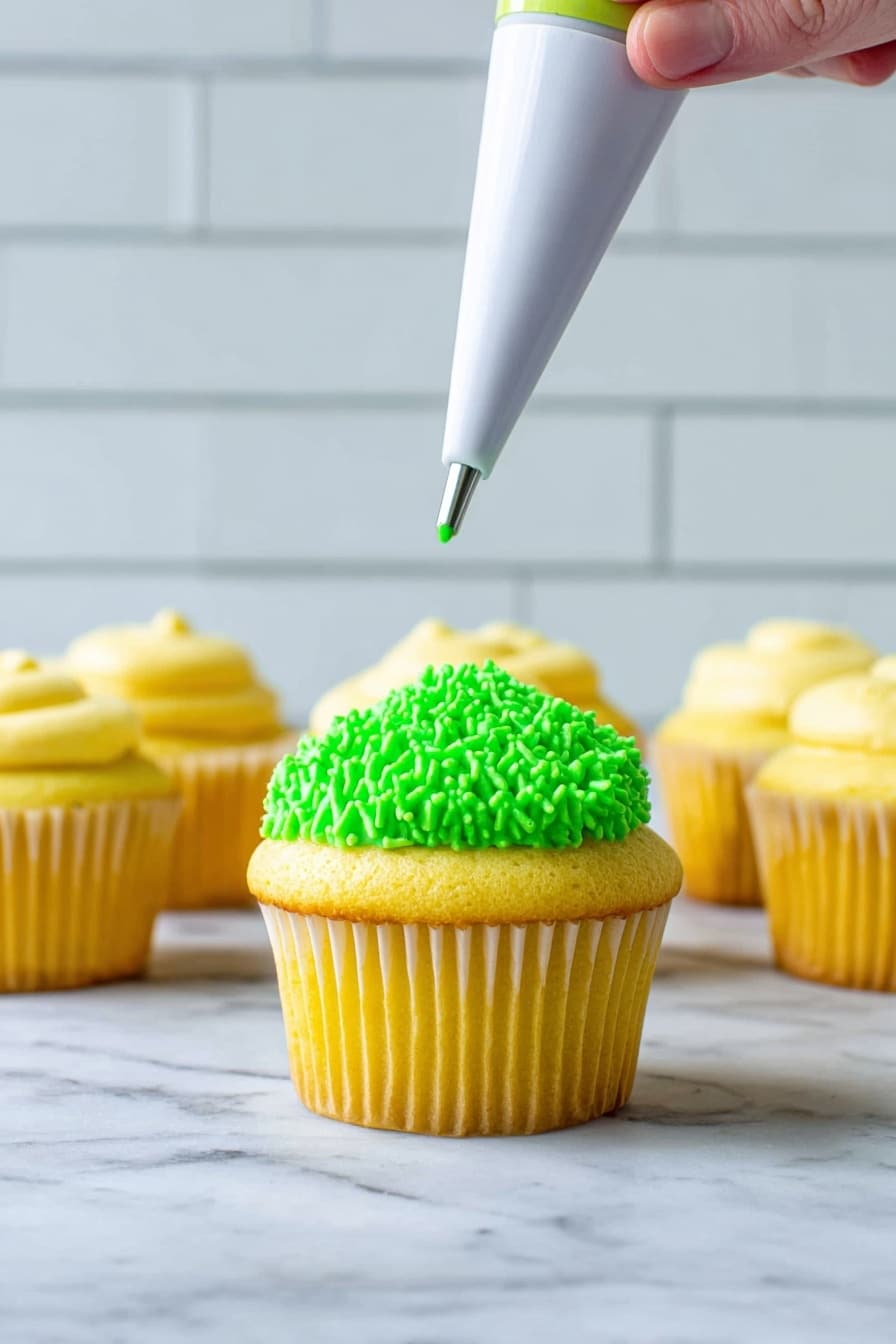 Monster Cupcakes, colorful cupcakes for parties, fun cupcake recipes, kid-friendly treats, vibrant frosting ideas - A single yellow cupcake with a soft, smooth top sits in the foreground on a white marbled surface, surrounded by more plain yellow cupcakes in the background. On top of the cupcake in front, bright green frosting is being piped in short, textured strands using a piping bag held by a woman's hand. The frosting adds a thick, textured layer right in the center of the cupcake's top, contrasting with the smooth yellow surface. The background features white tiled walls that create a clean and simple setting. photo taken with an iphone --ar 2:3 --v 7