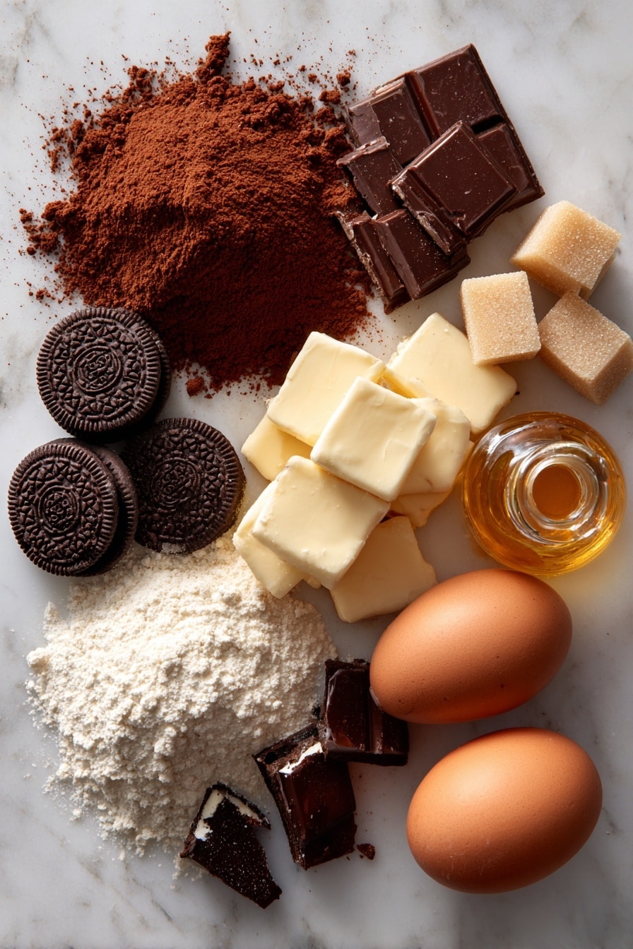 Halloween Oreo Stuffed Brownies, Oreo brownie recipe, spooky dessert brownies, fudgy Oreo filled brownies, easy Halloween dessert - Flat lay of rich brown cocoa powder scattered in a small pile, smooth dark chocolate Oreos whole and crushed to show their creamy white centers, two fresh brown-speckled eggs with glossy shells, soft golden brown cubes of butter, shiny light amber brown sugar crystals next to deep reddish-brown packed brown sugar, fine pale off-white all-purpose flour in a neat mound, and a small glass bottle of golden vanilla extract with a warm amber hue, all beautifully arranged with natural shadows and textures highlighted, placed on white marbled surface, photo taken with an iphone --ar 2:3 --v 7