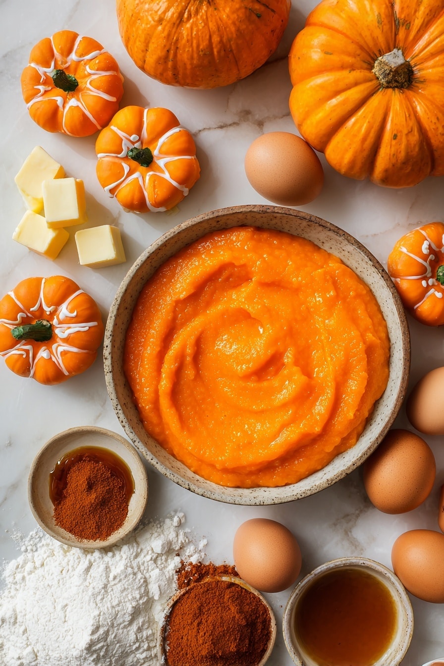 Jack-O-Lantern Halloween Pumpkin Cupcakes, Halloween pumpkin cupcakes with salted caramel and pumpkin buttercream, festive pumpkin spice cupcakes, Halloween treats with caramel frosting, spooky pumpkin cupcakes recipe - Flat lay of bright orange pumpkin puree in a rustic bowl, whole fresh small pumpkins with rich orange skin and green stems, smooth orange fondant shaped into tiny pumpkins with delicate lines, golden cubes of salted butter, a mound of fine white powdered sugar, warm amber-colored melted caramel sauce dripping slightly, a scattering of deep brown pumpkin pie spice powder, fresh whole eggs with smooth brown shells, and a small pile of white self-raising flour with a soft powdery texture, all beautifully arranged with natural spacing placed on white marbled surface, photo taken with an iphone --ar 2:3 --v 7