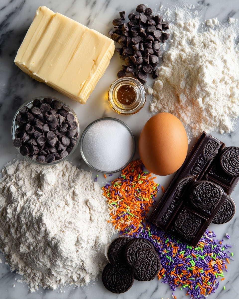 Halloween Oreo Stuffed Chocolate Chip Cookies, festive Halloween cookies, Oreo stuffed cookies, chocolate chip cookies with Oreos, spooky Halloween treats - Flat lay of slightly softened pale yellow butter, rich dark brown sugar crystals, fine white granulated sugar, a single glossy brown egg, a small glass bottle of golden vanilla extract, a neat pile of soft off-white flour, smooth white corn starch powder, shiny dark semi-sweet chocolate chips scattered loosely, several unopened black and orange Halloween Oreo packs with spooky designs, and a handful of colorful Halloween sprinkles in bright orange, purple, green, and black hues, all beautifully arranged in a natural, slightly overlapping layout, placed on white marbled surface, photo taken with an iphone --ar 2:3 --v 7