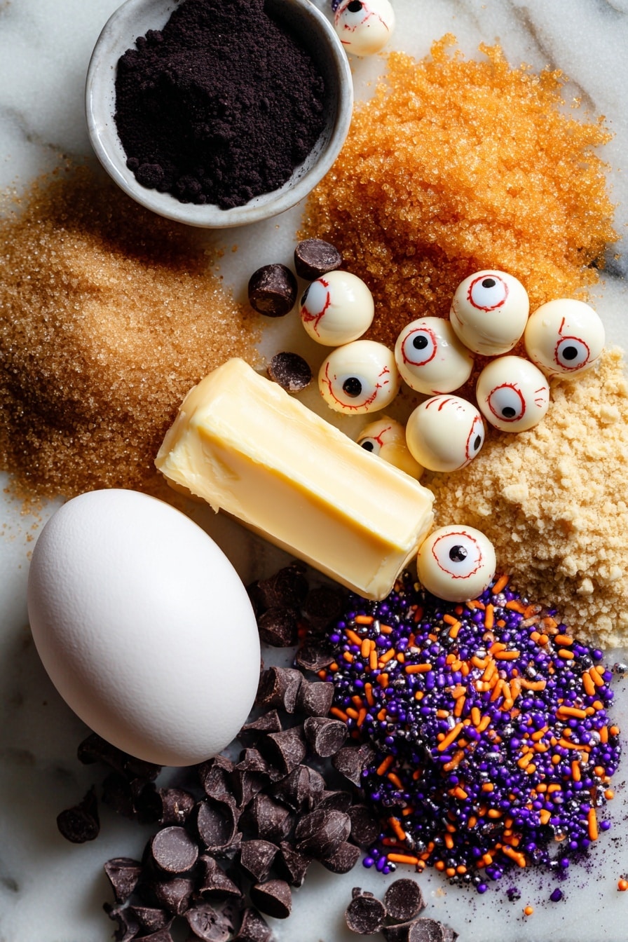 Halloween Black Monster Cookies, black cocoa cookies, spooky Halloween cookies, Halloween dessert ideas, monster-sized Halloween cookies - Flat lay of softened golden butter pats, light and dark brown sugar piles with fine crystals sparkling, a single large glossy white egg, rich black cocoa powder in a small mound with deep matte texture, creamy pale peanut butter chips scattered loosely, vibrant multicolored Halloween sprinkles in orange, purple, and black, and eerie white eyeball candies with red veins, all naturally arranged with slight overlaps and shadows, placed on white marbled surface, photo taken with an iphone --ar 2:3 --v 7