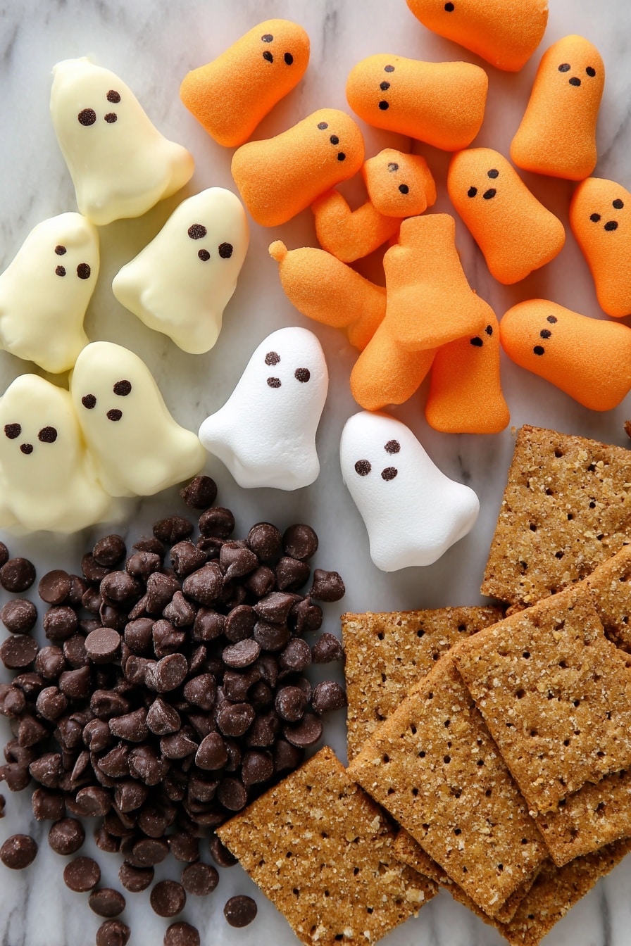 Halloween S'mores Dip with Peeps Marshmallows, festive Halloween dessert, easy Halloween party treat, gooey marshmallow chocolate dip, holiday marshmallow recipes - Flat lay of creamy milk and semi-sweet chocolate chips in smooth piles, ghost-shaped white Peeps marshmallows with a soft, fluffy texture, bright orange pumpkin Peeps marshmallows with a slightly glossy surface, dark mini chocolate chips scattered loosely to show their small, shiny round shapes, golden brown graham crackers with a crunchy, crumbly texture, all beautifully arranged with some chocolate chips gently spilling near the Peeps, placed on white marbled surface, photo taken with an iphone --ar 2:3 --v 7