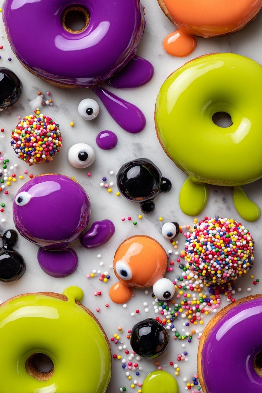 Halloween Cake Pops, Halloween Party Treats, Festive Cake Pop Ideas, Easy Halloween Desserts, Spooky Cake Pops - Flat lay of vibrant candy melts in green, purple, and bright orange, smooth and glossy with a soft sheen, surrounded by plain mini donuts and donut holes showing their fluffy, golden texture, scattered candy eyeballs with white and black contrasts, colorful assorted sprinkles in various shapes and sizes adding playful pops of red, yellow, and blue, small clusters of black decorating gel glistening with a thick, shiny finish, all naturally arranged with some candy melts gently dripping onto the smooth donuts and sprinkles casually spilling around, placed on white marbled surface, photo taken with an iphone --ar 2:3 --v 7