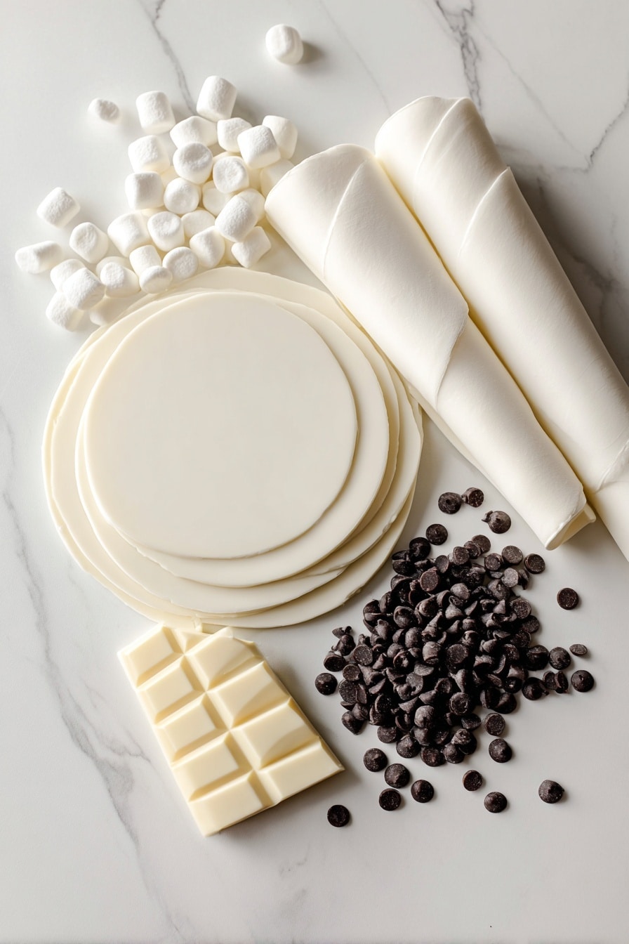 Marshmallow Ghosts Halloween Treats Easy Halloween Treats Ghost Halloween Snacks Halloween Party Ideas - Flat lay of smooth white fondant sheets rolled thin with soft, pillowy white marshmallows scattered nearby, tiny glossy black mini chocolate chips and larger standard chocolate chips arranged in clusters, chunks of creamy white chocolate with subtle ridges, all textures contrasting beautifully against each other; the fondant’s matte finish, marshmallows’ fluffy softness, chips’ shiny surfaces, and white chocolate’s gentle cream color create a delicate Halloween-themed palette, placed on white marbled surface, photo taken with an iphone --ar 2:3 --v 7
