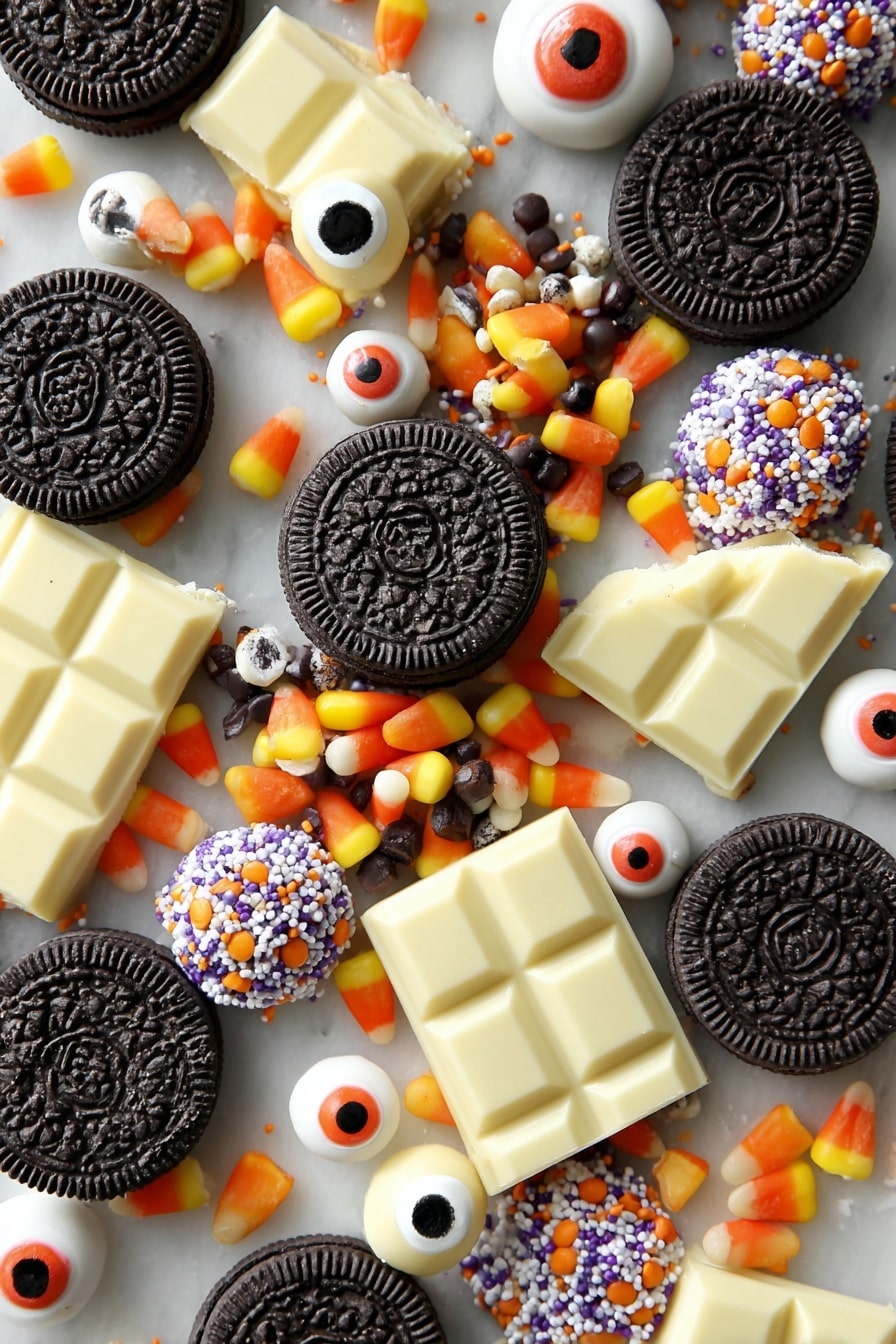 Spooky Halloween Oreo Bark, Halloween dessert, easy Halloween treats, Halloween candy bark, festive Halloween snack - Flat lay of whole Halloween Oreos with their dark chocolate cookies and orange, black, and white cream centers, colorful Reese's Pieces in bright orange, yellow, and brown hues, small round eyeball candies with white bases and red and black details, a variety of Halloween-themed sprinkles in orange, black, white, and purple, and smooth blocks of creamy white chocolate showing a glossy texture, all beautifully scattered and overlapping with natural shadows, placed on white marbled surface, photo taken with an iphone --ar 2:3 --v 7
