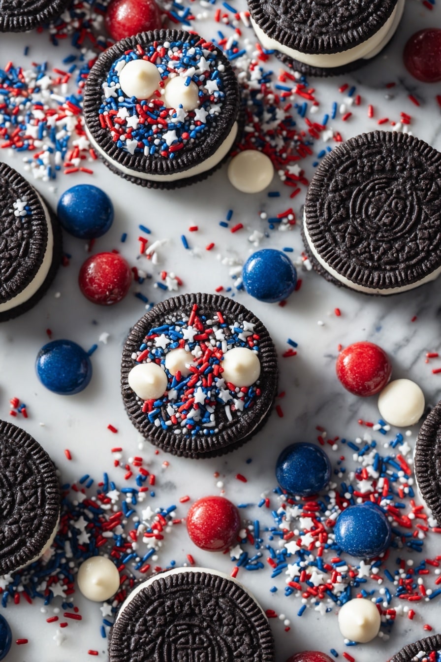 White Chocolate Dipped 4th of July Oreos, patriotic Oreo dessert, 4th of July party treats, red, white & blue Oreo candies, festive summer treats - Flat lay of shiny black Oreo cookies with creamy white filling, smooth white chocolate chips and bright white chocolate chunks, vibrant red candy melts in small glossy pieces, deep blue candy melts broken into irregular shapes, colorful tiny patriotic sprinkles in stars and dots shapes with red, white, and blue colors, all arranged naturally with some candy melts scattered loosely among the Oreos, placed on white marbled surface, photo taken with an iphone --ar 2:3 --v 7