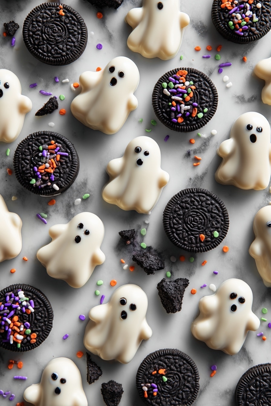 Halloween Graveyard Pudding Cups, spooky Halloween dessert, easy Halloween treats, Halloween party desserts, ghost and tombstone pudding - Flat lay of glossy white chocolate dollops shaped like ghosts with smooth, creamy texture, rich black candy melts formed into delicate tree silhouettes and small eyes and mouths, smooth Milano cookies with a golden-brown color and slightly crumbly texture, velvety dark chocolate instant pudding powder, deep black crushed Oreo cookie crumbs with rough, crumbly edges, colorful Halloween sprinkles in bright orange, purple, and green hues, and cold fresh milk in a clear glass, all beautifully arranged with contrasting colors and textures, placed on white marbled surface, photo taken with an iphone --ar 2:3 --v 7