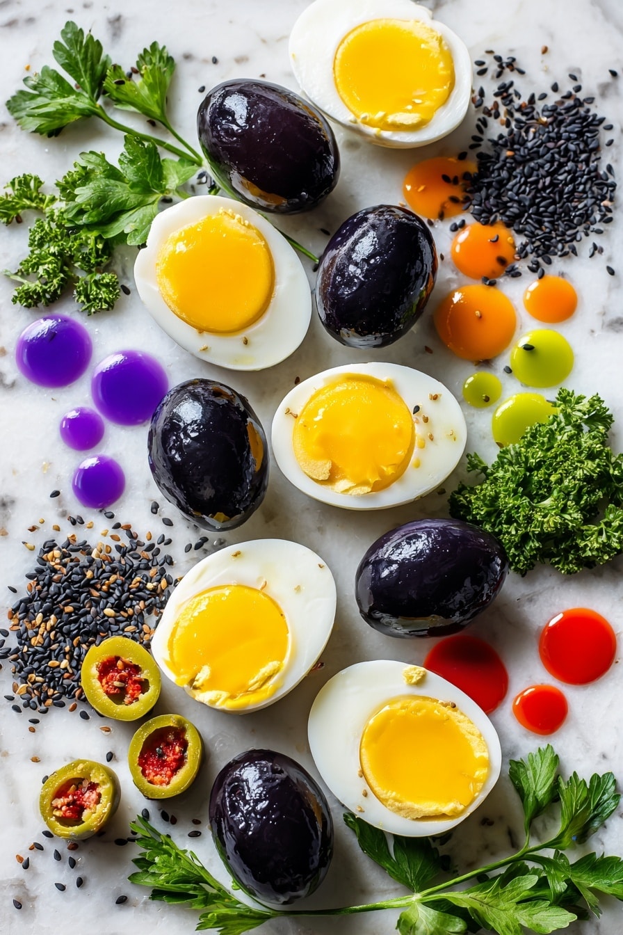 Halloween-Themed Deviled Eggs, spooky festive deviled eggs, Halloween party appetizers, creepy decorated eggs, spooky Halloween snacks - Flat lay of halved hard boiled eggs with smooth, glossy whites and vibrant yellow yolks, whole black olives with shiny deep black skins, sliced pimento-stuffed green olives showing bright red centers, fresh curly parsley with rich green, textured leaves, small piles of glossy black sesame seeds, and drops of purple, orange, and green food coloring in vibrant jewel tones, all naturally arranged in an inviting, colorful pattern, placed on white marbled surface, photo taken with an iphone --ar 2:3 --v 7