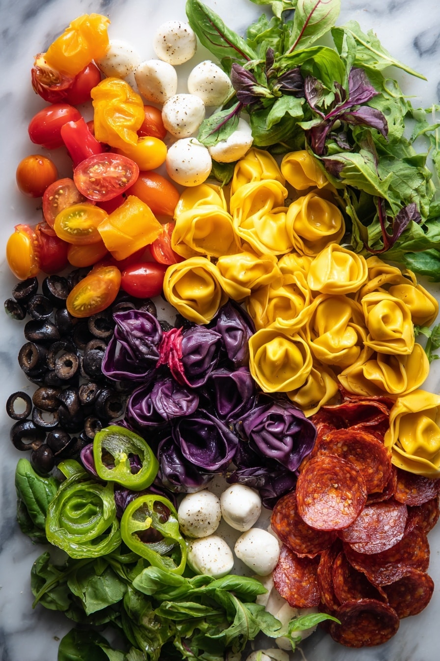 Spooky Halloween Salad with Colorful Tortellini, Cheese Skulls, and Red Wine Vinaigrette, Halloween themed salads, Festive Halloween side dishes, Colorful tortellini recipes, Halloween party salads, Spooky food ideas for Halloween - Flat lay of colorful tortellini dyed in bright orange, deep green, and rich purple hues, fresh bright red cherry tomatoes sliced in halves, glossy black kalamata olives cut into rings, crisp thinly sliced mini sweet peppers in shades of yellow, orange, and red, vibrant green spring mix leaves with varied textures, small smooth white mozzarella balls shaped like skulls, and thick-cut pepperoni pieces with a reddish-brown tone arranged naturally with some overlapping and scattered, placed on white marbled surface, photo taken with an iphone --ar 2:3 --v 7