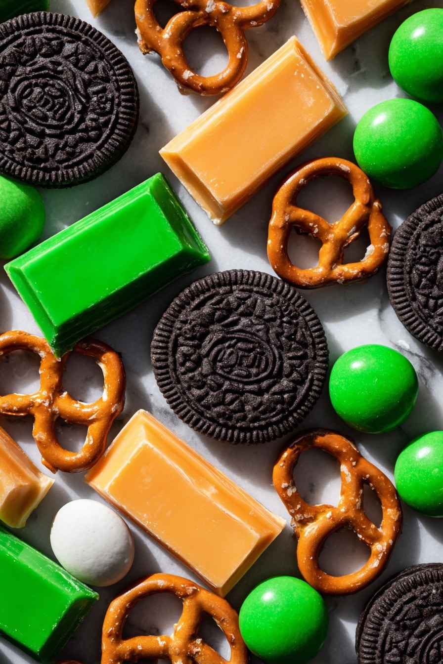 Halloween Pumpkin Cookies, Halloween cookies with pumpkin shape, festive Halloween treats, easy Halloween cookie recipes, pumpkin-themed party desserts - Flat lay of whole Oreo sandwich cookies with their dark chocolate edges and creamy centers visible, bright orange white chocolate bark pieces with a smooth glossy texture from added orange food coloring, solid white coconut oil chunks with a slightly waxy appearance, vibrant green candy-coated milk chocolates halved to show their shiny shells and milk chocolate centers, small twisted pretzel pieces with a golden brown crunchy texture, all artfully scattered and overlapping with natural shadows and highlights, placed on white marbled surface, photo taken with an iphone --ar 2:3 --v 7