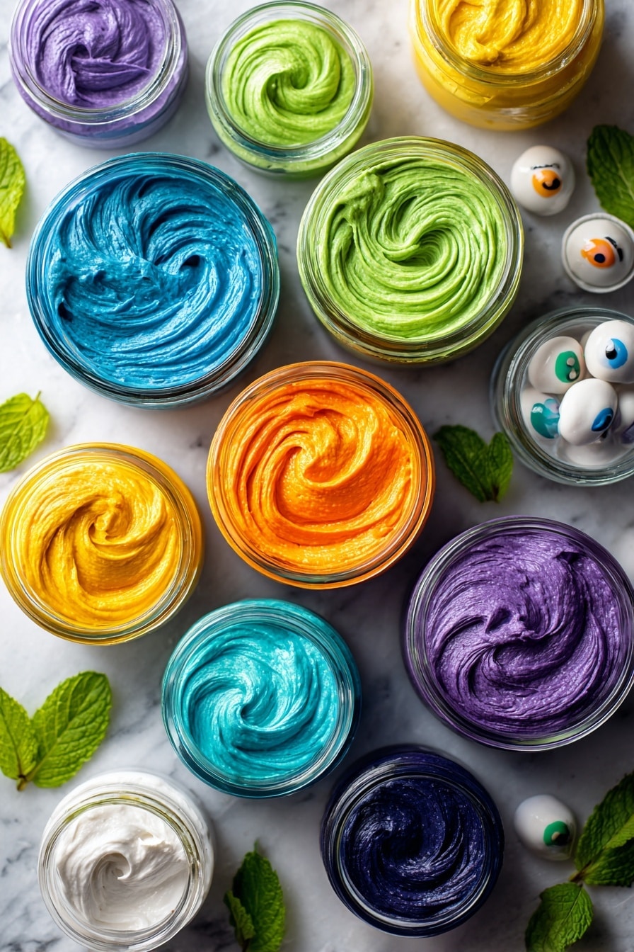 Monster Cupcakes, colorful cupcakes for parties, fun cupcake recipes, kid-friendly treats, vibrant frosting ideas - Flat lay of vibrant scoops of buttercream frosting in bright blue, green, orange, purple, and yellow hues, glossy and smooth with soft swirls; scattered shiny candy eyes in various sizes with white backgrounds and black pupils; small glass jars of concentrated gel food colorings showing rich, dense pigments in matching colors; all neatly arranged with a few fresh sprigs of green mint leaves for contrast, placed on white marbled surface, photo taken with an iphone --ar 2:3 --v 7