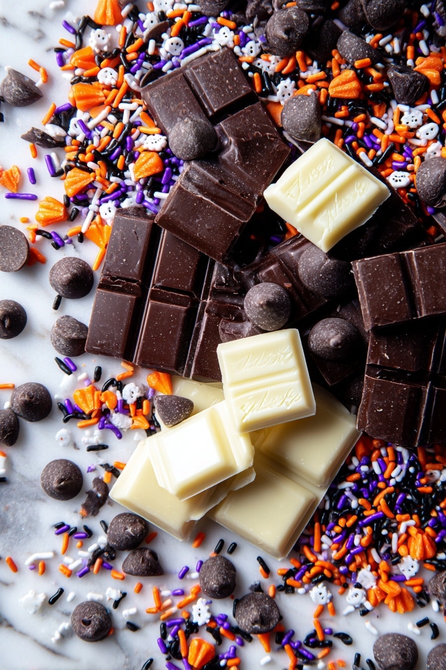 Halloween 3-Ingredient Ghost Bark, easy Halloween treats, spooky chocolate desserts, ghost-shaped candies, quick Halloween party snacks - Flat lay of shiny, smooth semi-sweet chocolate chips in rich dark brown, glossy white chocolate chunks with creamy texture, assorted colorful Halloween sprinkles in orange, black, purple, and white with tiny ghost and pumpkin shapes, all scattered naturally and invitingly across a bright white marbled surface, photo taken with an iphone --ar 2:3 --v 7