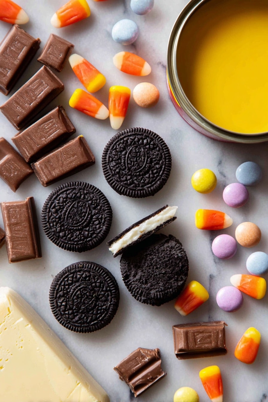 Boo Batter No-Churn Ice Cream, Halloween ice cream, no-churn Halloween dessert, easy spooky ice cream, quick no-machine ice cream - Flat lay of crushed chocolate Oreo cookies with creamy white filling, broken mini Kit Kat bars showing their crisp wafer layers, bright orange and yellow candy corn, colorful smooth Smarties in pastel shades, glossy black liquid food coloring droplets, a small pat of soft pale yellow melted butter, and a can of shiny golden sweetened condensed milk, all beautifully arranged with natural textures and vibrant colors, placed on white marbled surface, photo taken with an iphone --ar 2:3 --v 7