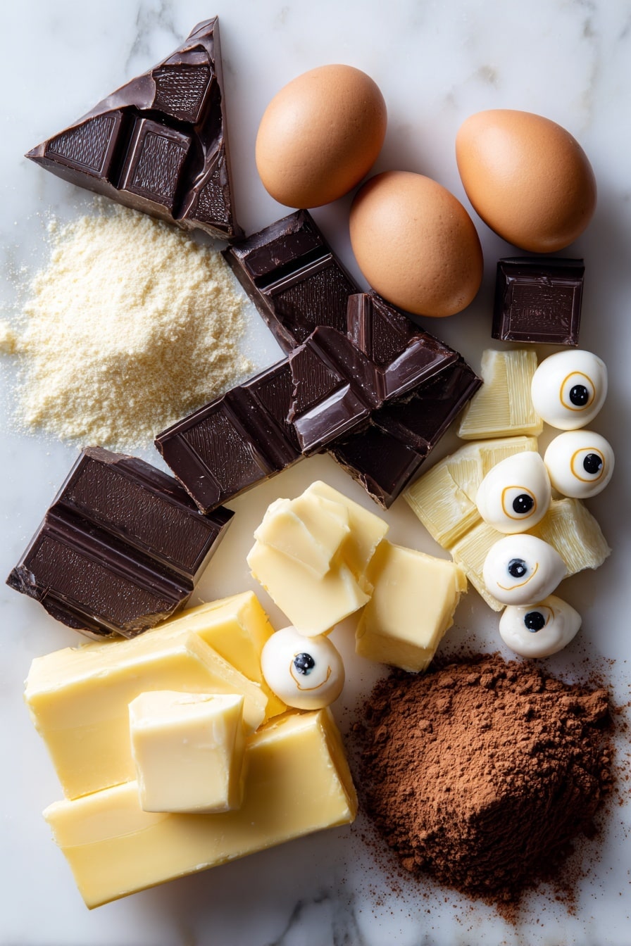 Chocolate Madeleine Mummies, Halloween treats, spooky dessert ideas, chocolate dessert recipes, easy Halloween desserts - Flat lay of glossy dark chocolate chunks with a rich deep brown color, creamy pale yellow unsalted butter blocks, smooth white chocolate pieces glowing softly, golden honey drizzles shimmering slightly, fresh large eggs with smooth brown shells, fine light almond flour mounds with a soft texture, velvety dark cocoa powder heaps in rich reddish-browns, and tiny round candy eyes with bright white backgrounds and black pupils scattered playfully, all arranged naturally with gentle overlaps and seasonal charm, placed on white marbled surface, photo taken with an iphone --ar 2:3 --v 7