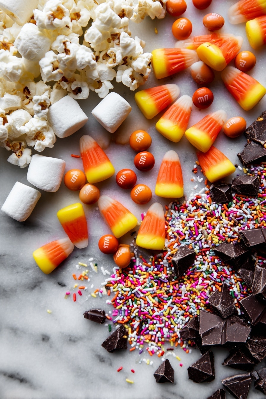 Halloween Popcorn with Chocolate, Candy Corn, M&Ms, and Marshmallows, festive Halloween popcorn snack, easy Halloween party treats, sweet and salty Halloween snacks, homemade Halloween popcorn - Flat lay of bright orange candy corn with smooth, shiny red and yellow peanut M&Ms scattered among fluffy white mini marshmallows and light, airy salted popcorn kernels, rich dark brown chopped semisweet chocolate chunks with a glossy texture, and colorful festive sprinkles in various shapes and vibrant hues, all naturally arranged with a mix of clusters and loose pieces to create a playful, textured composition, placed on white marbled surface, photo taken with an iphone --ar 2:3 --v 7