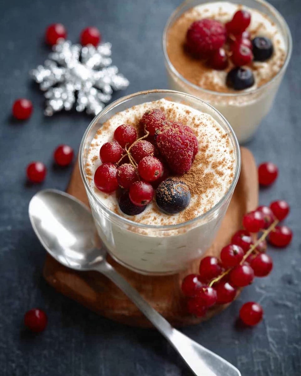 No Bake EggNog Berry Cheesecake, holiday no bake cheesecake, festive berry dessert, easy eggnog dessert, Christmas no bake cheesecake - The image shows a clear glass cup with a layered dessert on a white marbled texture. Inside the cup, the first visible layer is a crumbly light brown base on the right side, topped mostly with a thick, creamy white layer that covers the left side. Three fresh red cherries are placed on top of the creamy layer, and the cream is sprinkled with a fine dusting of light brown powder. A silver spoon is partially inside the cup, resting on the creamy layer and crumbs. Some additional cherries are scattered on the white marbled surface around the cup. photo taken with an iphone --ar 2:3 --v 7