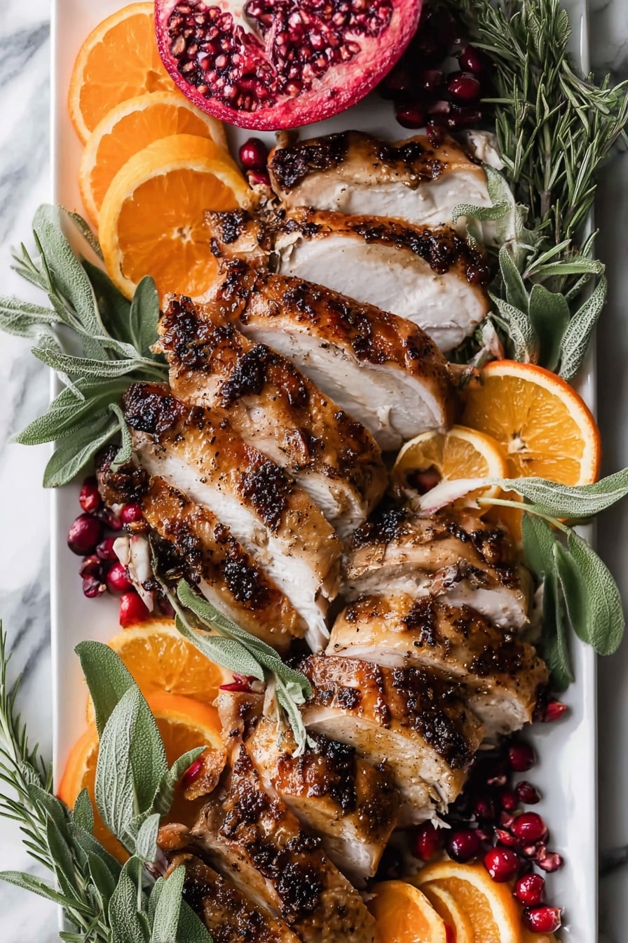 Perfect Smoked Turkey Breast, smoked turkey breast seasoning, smoky turkey breast recipe, juicy smoked turkey, easy smoked turkey breast - A large roasted dark brown meat piece sits in the center of a white plate, surrounded by fresh dark purple grapes in bunches. There are cut halves of bright orange small citrus fruits and yellow lemon wedges placed evenly around the meat. Green rosemary leaves and sage leaves add greenery around the edges. Two red pomegranate halves with seeds showing are placed on opposite sides near the meat. All this is on a white marbled surface. photo taken with an iphone --ar 2:3 --v 7