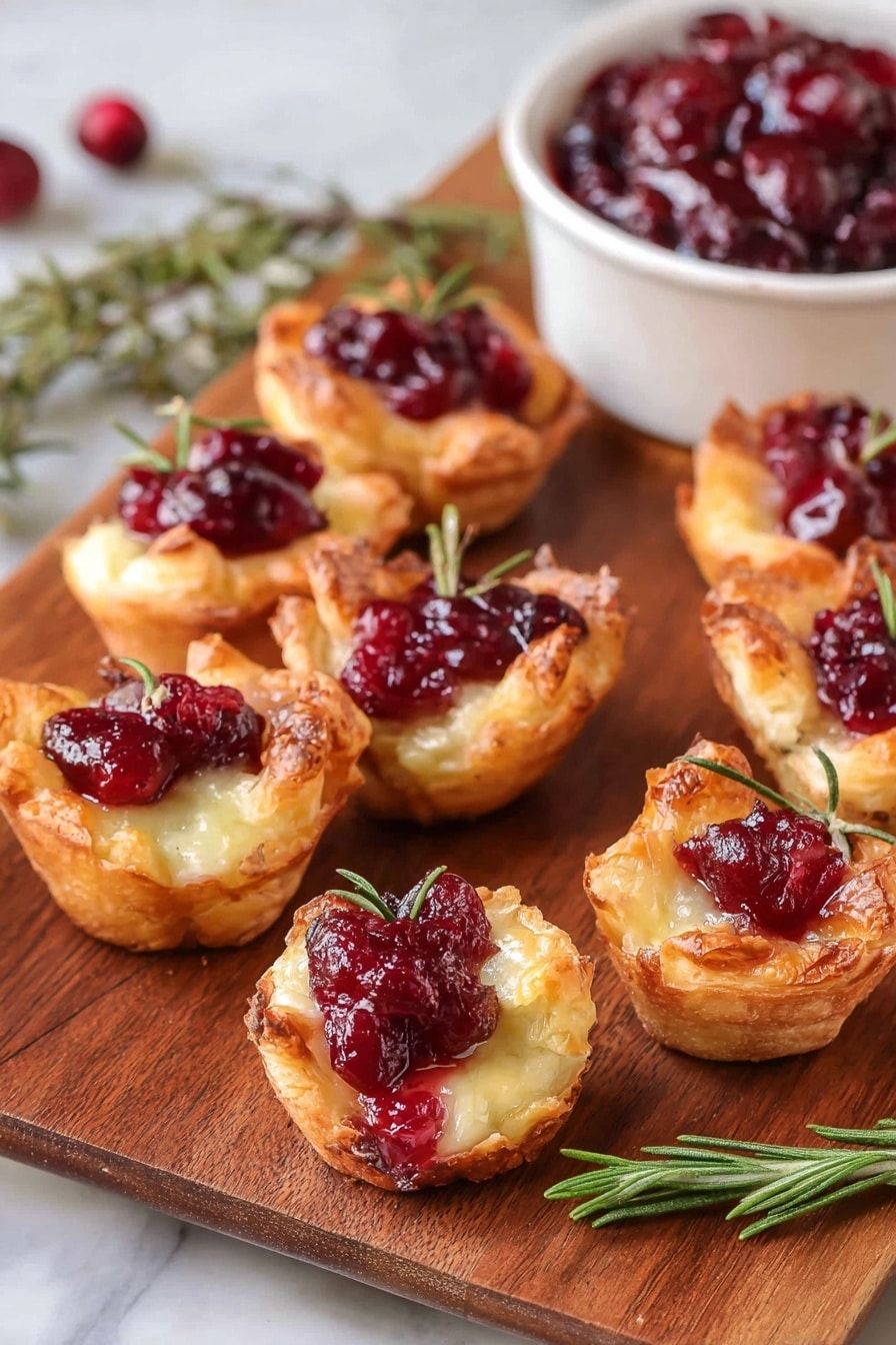 Cranberry Brie Bites, Cranberry Brie Appetizer, Easy Cranberry Brie Bites, Holiday Cranberry Brie Bites, Party Cranberry Brie Snacks - The image shows eight small pastry cups arranged on a wooden board. Each cup has a golden-brown crispy outer layer filled with melted cheese, topped with a bright red cranberry sauce that looks chunky. Some pastries have small green rosemary sprigs sticking out from the side, adding a fresh touch. In the background, part of a white bowl filled with more cranberry sauce is visible, along with a few more sprigs of rosemary lying on the board. The scene is warm and inviting, with a focus on the texture contrast between the crispy pastry and soft cheese topped with vibrant cranberry sauce. The setting is on a white marbled surface. photo taken with an iphone --ar 2:3 --v 7