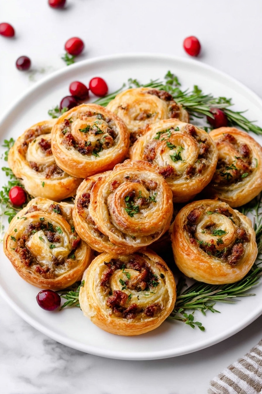 Sausage Cranberry Brie Bites, festive appetizer ideas, holiday party snacks, savory puff pastry appetizers, easy holiday appetizers - A white plate holds nine golden-brown puff pastry pinwheels stacked gently. Each pinwheel has multiple layers visible in a spiral pattern, showing a slightly crispy outer edge with a softer, flaky inside. The filling is a mix of brown, green, and reddish bits, likely meat and herbs, spread through the spiral. Around the pinwheels are sprigs of green herbs and scattered red cranberries, adding color contrast. The plate sits on a white marbled surface with a black and white checkered cloth and a white towel in the background. Photo taken with an iphone --ar 2:3 --v 7