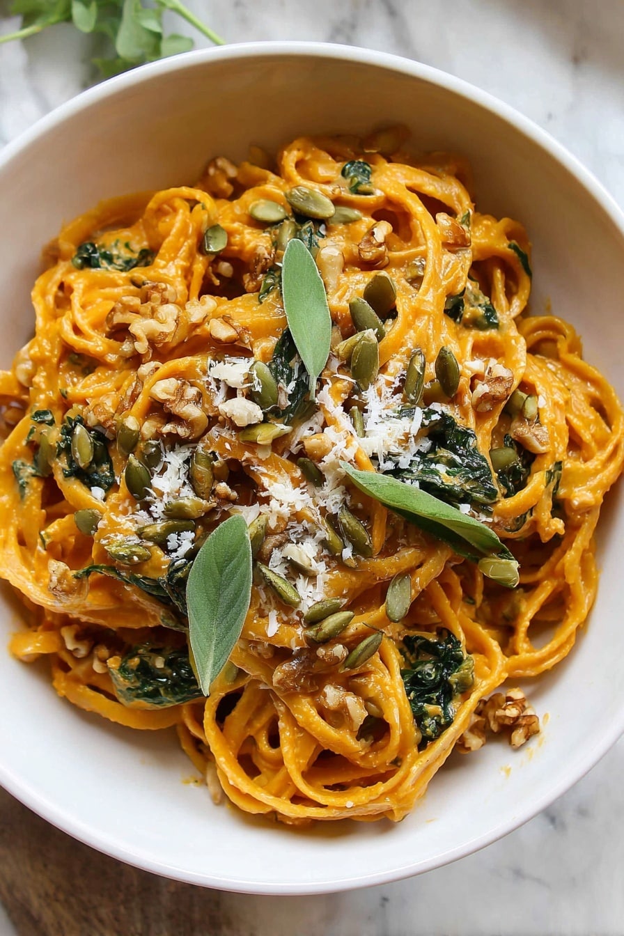 Pumpkin Pasta, Pumpkin Pasta Recipe, Cozy Pumpkin Pasta, Fall Pasta Dish, Easy Pumpkin Pasta - The dish shows a white bowl filled with noodles coated in an orange sauce, giving a creamy look. The noodles are twisted and piled in layers, mixed with dark green leafy pieces that add color contrast. On top, there are scattered light brown walnut pieces and green pumpkin seeds, along with a sprinkle of white grated cheese for texture. Several fresh green leaves are placed on the surface, enhancing the natural appeal. The bowl sits on a white marbled surface, adding a clean and bright background to the photo taken with an iphone --ar 2:3 --v 7