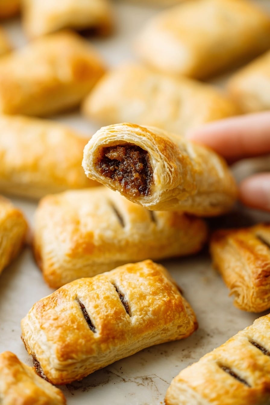Vegan Sausage Rolls, plant-based sausage rolls, vegan puff pastry snacks, homemade vegan sausage filling, easy vegan party snacks - This image shows many small golden-brown pastries with a flaky, crispy texture lying on a surface with a white marbled texture. Each pastry is rectangular with small slits on top, revealing a dark brown filling inside. One pastry is held up close to the camera by a woman's hand, showing the inside, which looks thick and chunky with a slightly sticky appearance. The layers of the pastries are clearly visible, with a light, airy crust wrapped around the filling, and the overall look is warm and inviting. photo taken with an iphone --ar 2:3 --v 7
